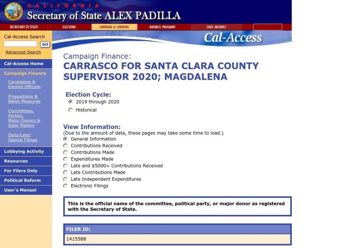 Carrasco for Supervisor Campaign Finance Filing. Courtesy of the CA Secretary of State.